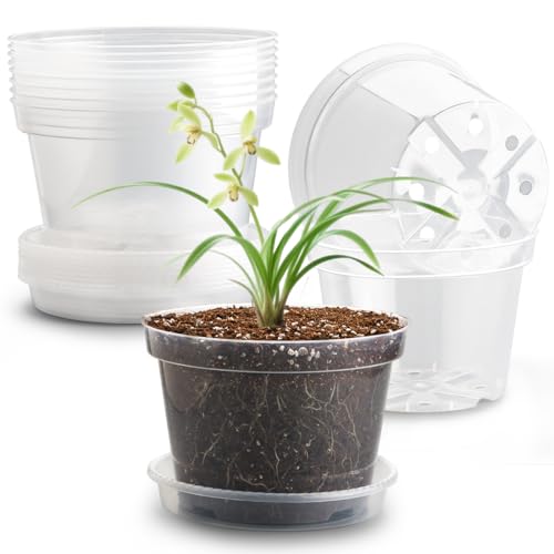 RooTrimmer 12 Pack 8 Inch Clear Plant Pots with Saucers, Transparent Plastic Nursery Pots with Drainage Hole, Sturdy Garden Planter Pots, Planting Starter Pots for Indoor Outdoor - color: Clear, size: 8 Inch 12 Pack