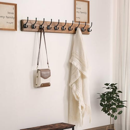 Dseap Wall Mounted Coat Rack: 38-1/4" Long, Patented, Heavy-Duty, 10-Double-Hooks Wooden Hanger Rail for Winter Coats, Hats, Jackets, Clothing - Natural & Black, Pack of 2 - color: Natural & Black, size: L=38.3"(2pcs)