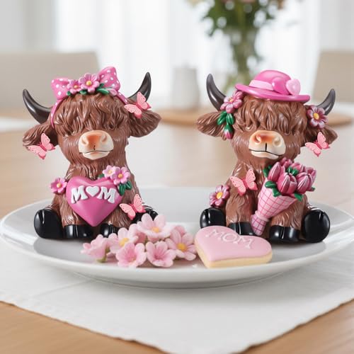 Karenhi 2 Pcs Highland Cow Figurines Resin, Mothers Day Decor Tabletop - style: Mother's Day