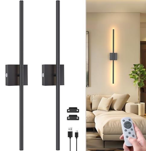 NIORSUN 28 Inch Battery Operated Wall Sconce Set of 2, 360° Rotation Black Rechargeable Wall Lights with Detachable Tube and Remote, 3CCT Dimmable Wall Lamp for Living Room Bedroom Hallway - color: Black, size: 28 Inch