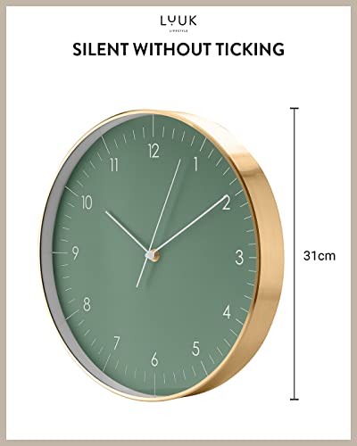 LUUK LIFESTYLE Modern Silent Quartz Wall Clock, 12in, Dark Green & Gold | Simple & Trendy, Gifting ideas, Analog, Easy-to-read, Battery operated, Wall mount, Mantel display, Bedroom, Bathroom - color: Dark Green, 12"