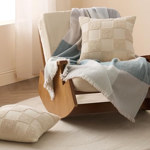 Double Stitch 100% Cotton Tufted Boho Checkered Throw Pillow Covers, Oat - color: Oat, size: 20" x 20" (Pack of 2)