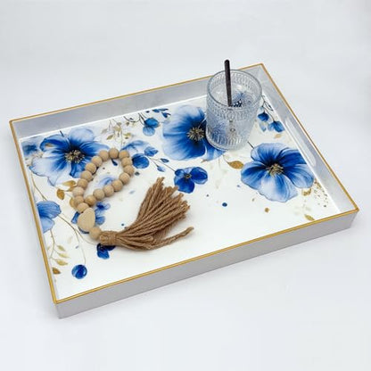 Serving Tray with Handles, 15.7 * 11.8 inches, Plastic Ottoman Tray with Exquisite Paintings, Trays for Coffee Table - color: Charm Blue
