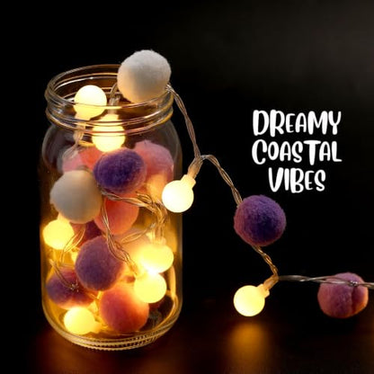 9.84FT Pom Poms Fairy Lights 30 LED Battery & USB Operated String Lights - color: Purple, size: 9.84 FT