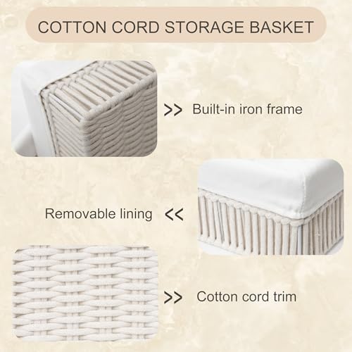 White Cotton Rope Woven Basket Storage Set of 3 for Organizing - color: Off-white