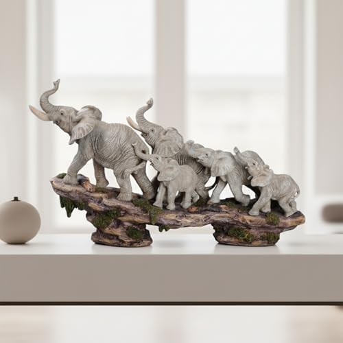 Comfy Hour 14 Inch Elephant Statue, African Family Figurine - color: Gray Elephants With Weathered Cliff Base