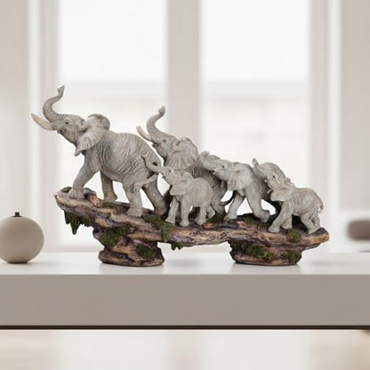 Comfy Hour 14 Inch Elephant Statue, African Family Figurine - color: Gray Elephants With Weathered Cliff Base