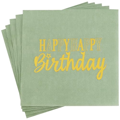 Vuzvuv 52 Pack Funny Happy Happy Birthday Cocktail Napkins with Gold Stamping - Birthday Party Dinner Hand Napkin for Party Supplies Decorations Table Decor for women man(5" Folded 3 Ply-Sage Green) - color: Happy HBD Green
