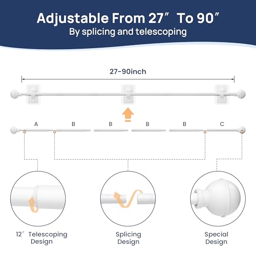 ENJOYBASICS Curtain Rods No Drilling for Renter, 28-84" Adjustable, White - color: White, size: 27-90"