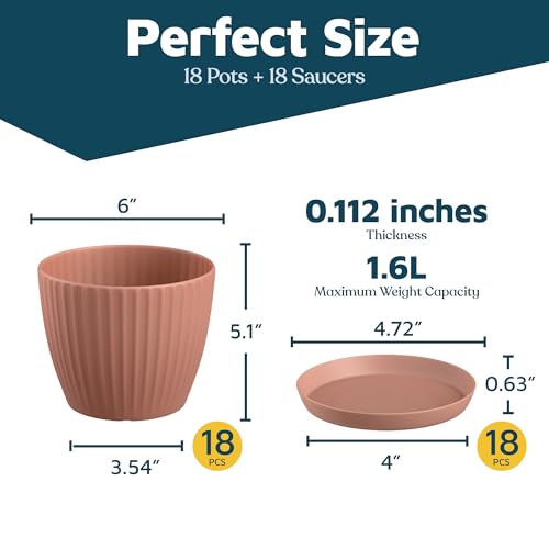 Pink 6-Inch Plant Pots with Drainage & Saucers 18 Pack, Indoor & Outdoor Planters for Houseplants, Herbs, and Flowers, Durable & Weatherproof Material, Stackable, Lightweight, Minimalist Design - color: Pink, size: Pack of 18