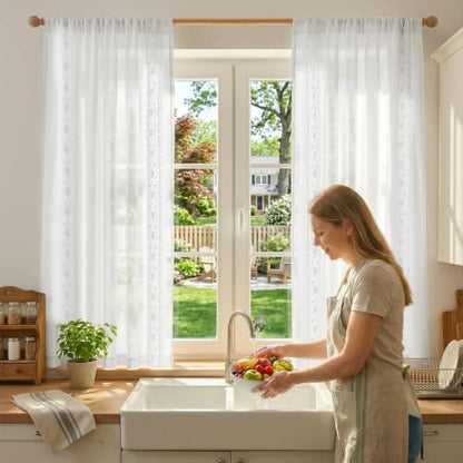 jinchan Floral Linen Curtains, Back Tab 54x63 Inch, 2 Panels White - color: S | Off White, size: 54"W x 63"L (Pack of 2)