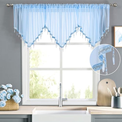 WUBODTI Blue Beaded Sheer Valance Curtains for Windows, Triangle Sheer Voile Kitchen Swag Curtain Valances Boho Bead Tassels Window Valances for Bedroom Living Room Bathroom,3PCs, Each W51 x L24 - color: Blue