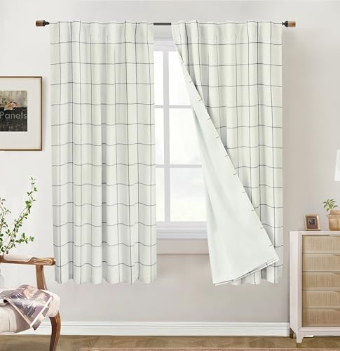 DriftAway 100% Blackout Plaid Linen Curtains 63 Inches Long 2 Panels Black - color: Black, size: 52"W x 63"L (Pack of 2)