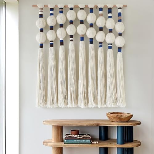 Macrame Wall Hanging Spherical Cotton Rope Woven Tassel Decor 27"W*29"L - color: White and Blue