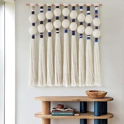 Macrame Wall Hanging Spherical Cotton Rope Woven Tassel Decor 27"W*29"L - color: White and Blue