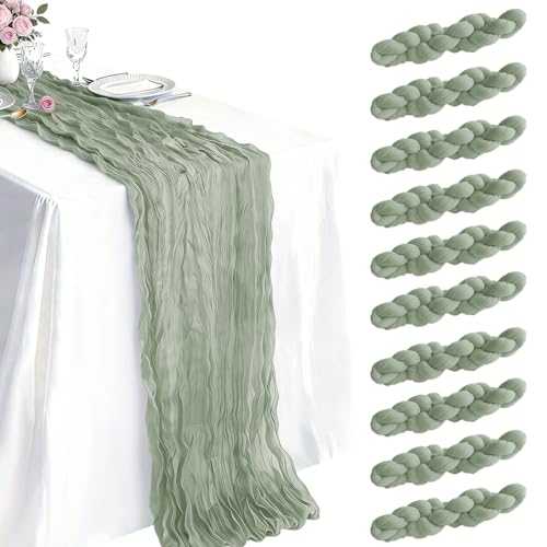 10 Pack Sage Green Cheesecloth Table Runner 21 x 120 Inch Boho Gauze Sheer Table Runner 10FT Long for Wedding Baby Shower Bridal Shower Easter Holiday Birthday Home Decor - color: Sage Green, size: 21"×120“-10pcs