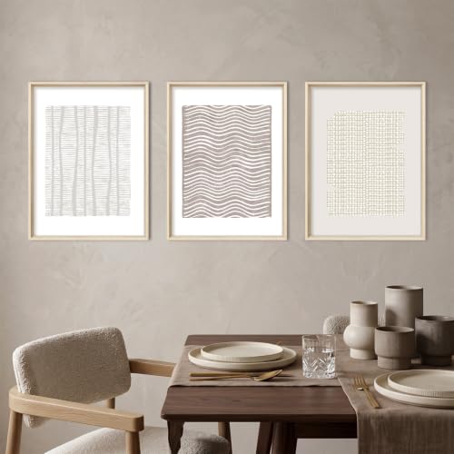 Aryroi Beige White Abstract Neutral Framed Canvas Wall Art Set- 12"x16"x3 - color: Boho Geometry Line Wall Art - White Oak Framed, size: 12"L x 16"W