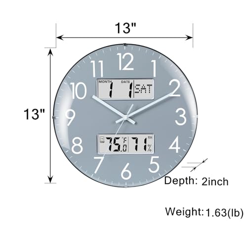 Nbdeal 13-Inch Analog Silent Wall Clock with Calendar Temperature & Humidity (Grey) - color: Gray