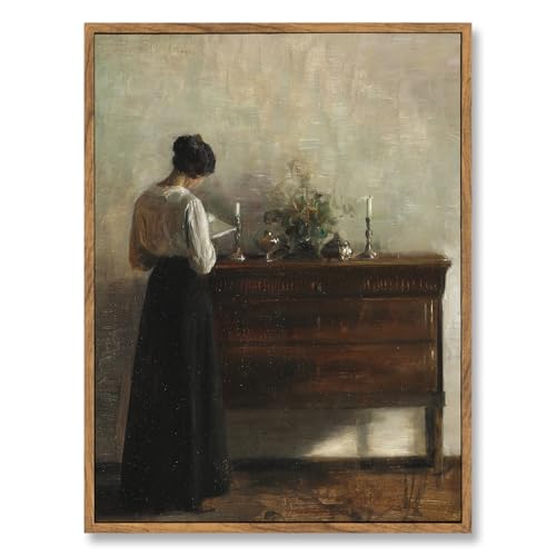 ElfLuna Wood Framed Canvas, Vintage Woman Reading Figurative Print | Vintage woman reading framed canvas. Retro farmhouse style, HD print, solid wood frame, lovely indoor wall decor. - color: A Moment of Stillness, size: 16"L x 12"W