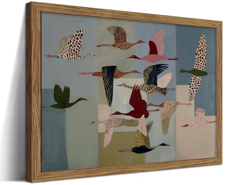 Framed Vintage Bird Wall Art, Colorful Flying Crane Canvas Print, Geometric Pattern Whimsical Nature Artwork, Modern Minimalist Folk Wall Decor for Living Room Bedroom Office 8x10in - color: Abstract Flying Bird, size: 10"L x 8"W