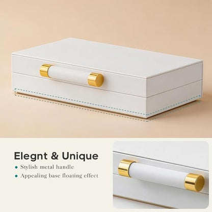 Decorative Storage Boxes with Lids for Home Decor Set of 2 - Large White PU Leather Memory Box for Keepsakes, 8 Necklace Hooks & Elastic Pocket, Floating Base with Gold Handles, Photo & Modern Jewelry