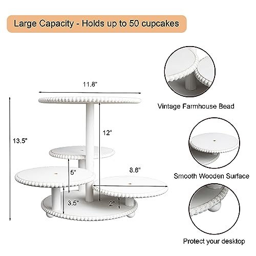 GENMOUS 4 Tiered Beaded Cake and Cupcake Stand Combo for Birthday Party Decor, Rustic Wooden Cupcake Tower Stands for 50 Cupcakes, White Cupcake Tier Stand Display for Wedding Baby Shower Tea Party
