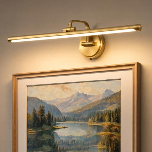 Hardwired Picture Light for Wall, 24 Inch Modern Brass Dimmable Frame Light with Adjustable Swing Arm, 3CCT LED Art Display Light for Paintings,120 Volts Gallery Wall Light, Hallway Vanity Light, 8W - color: Gold, size: 24 inches