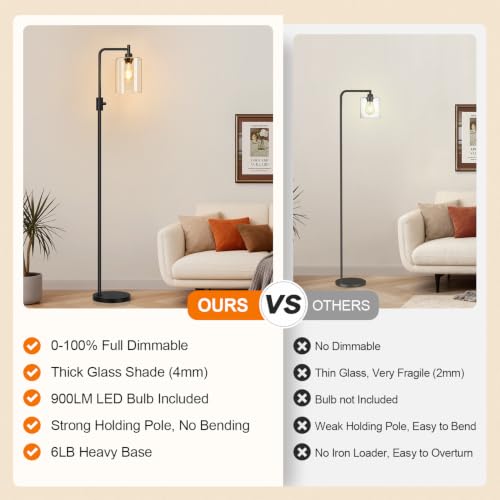 【Upgraded】 Dimmable Floor Lamp for Living Room with Seeded Glass Lampshade, Black Modern Glass Floor Lamp with 900LM LED Bulb Included, Arc Standing Tall Lamp for Bedroom, Office, Reading Room, Corner - color: Seeded Glass-Matte Black