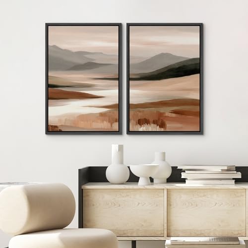 SIGNWIN Framed Canvas Print Wall Art Set Warm Earth Tone Abstract Valley Landscape Illustrations Modern Art Minimal Boho Relax/Calm for Living Room, Bedroom, Office - 16"x24"x2 Black - color: A29-2604-irs12, size: 16"x24"x2 Panels Black