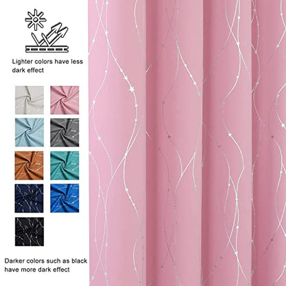 SMILE WEAVER Pink Blackout Curtains for Living Room 96 inch Length 2 Panels,Room Darkening Girls Bedroom Curtains,Silver Printed Design Soft Thick Thermal Insulated Grommet Window Drapes - color: Pink Silver, size: 52"W x 96"L (Pack of 2)
