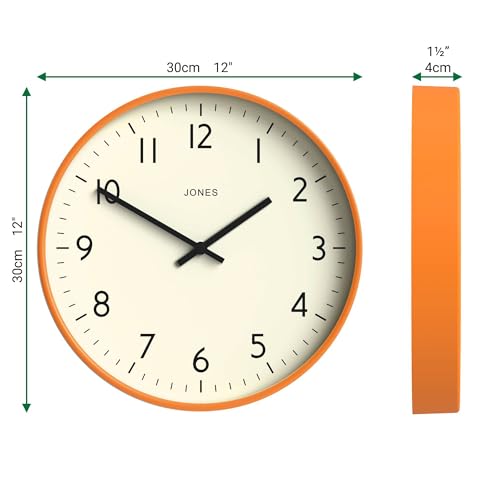 JONES CLOCKS® Studio Clock | Modern Round wall Clock | 12" | Orange - color: Fizzy Orange