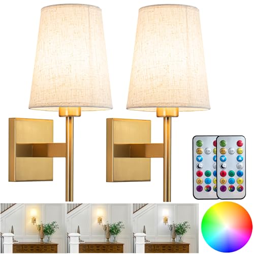 YHCDLAMP Battery Operated Wall Sconces Set of Two,Battery Operated Wall Lights with Remote, Fabric RGB Color Changing Dimmable Wall Lamp for Bedroom Living Room, Easy to Install (Color : Brass) - color: Brass