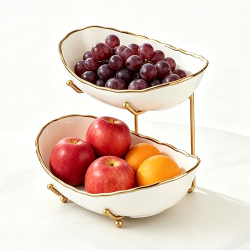 2-Tier Fruit Bowls for Kitchen Counter,Ceramic White Bowl with Gold Metal Stand,2 Tier Fruit Basket for Fruit,Snack,Cake,Nuts,Dessert Space Saving Storage - color: Gold&White