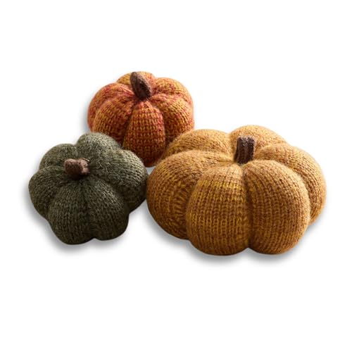 Set of 3 Cozy Mini Knit Pumpkins (Marigold Multi-Size Set) - color: Marigold Multi-sized
