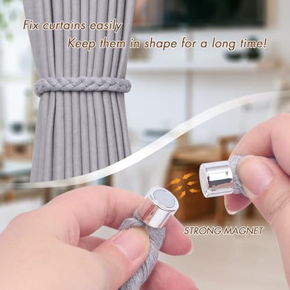 NICEEC 4 Pack Natural Cotton Rope Magnetic Curtain Tiebacks Elegant Twisted Braid Style Drape Tie Backs Soft Hand-Woven Rope Curtain Holdbacks for Home & Office Window Draperies (Light Grey-01) - color: Light Grey-01, size: 4 Pack