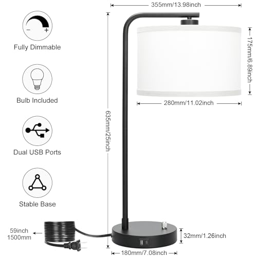 Seaside village Table Lamp for Bedroom with USB C+A Ports, Fully Stepless Dimmable Farmhouse Bedside Lamp Nightstand Light, Tall Reading Desk Lamp for Living Room, Office, 9W LED Bulb Included - color: Black Base with White Shade