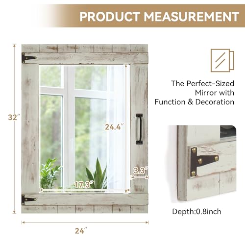 Oakrain Farmhouse Mirror, 24x32 Inch Distressed Gray Wood Frame with Black Metal Hinges, Rustic Wall Mirror for Bathroom, Living Room, Entryway, Bedroom - color: Grey-rectangular