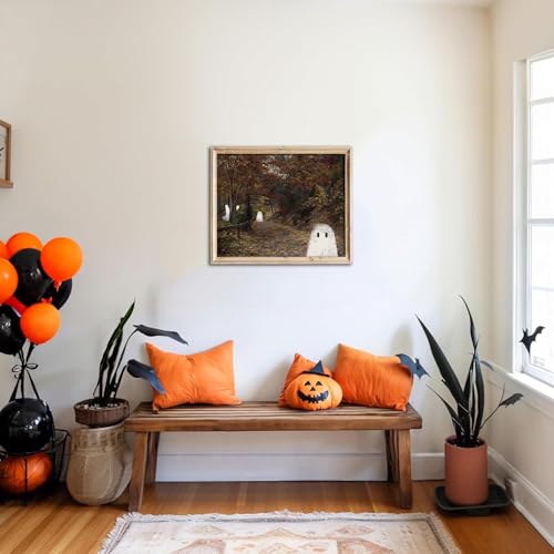 Kizbok Cute Ghost Decor, Vintage Halloween Ghost Wall Art Prints, Spooky ghosts Family in Autumn Landscape Canvas Painting, Moody halloween Pictures Wall Decor, Dark Academia H alloween Fall Poster for Bedroom Gallery Bathroom - UNFRAMED - color: ghosts F