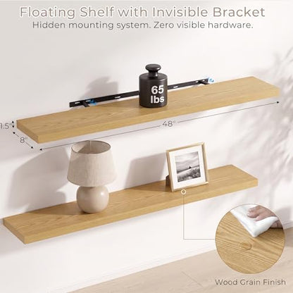 Vivelove Oak Floating Shelves 8 Inch Deep, 48 x 8 Inch, Set of 2 - color: Oak, size: 48"Wx8"Dx1.4"H
