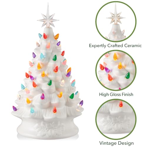 Casafield Hand Painted Ceramic Christmas Tree, White 15-Inch Pre-Lit Tree with 128 Multi Color Lights and 2 Star Toppers - color: White