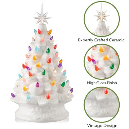 Casafield Hand Painted Ceramic Christmas Tree, White 15-Inch Pre-Lit Tree with 128 Multi Color Lights and 2 Star Toppers - color: White