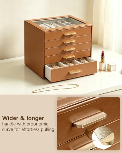 Homeanda Jewelry Boxes Organizer with Glass Lid, 5-Layer PU Leather, Brown - color: Brown, size: 5 Layer