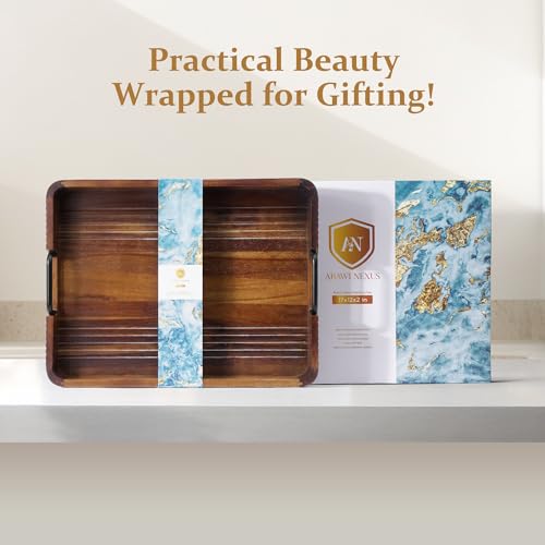 Acacia Wood Serving Tray with Metal Handle, 17x13in Tray for Ottoman - color: Dark Acacia / Black Handle, size: 17” × 13” × 2”
