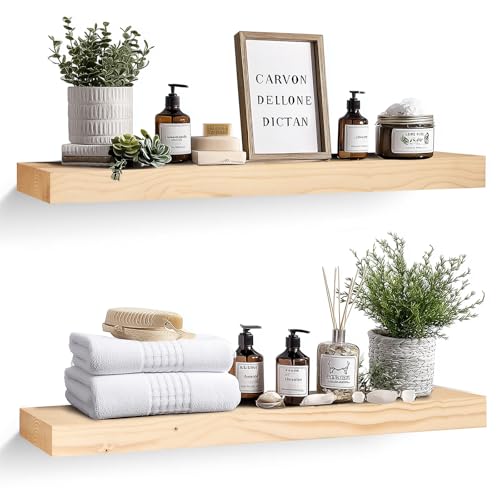 Solid Wood Floating Shelves, 36 Inch Wall Shelves, Set of 2, Wood - color: Wood, size: 36x8x1.6