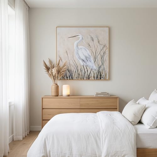 Eonzeun 32x32 Inch Framed Textured Canvas Wall Art, Large Neutral Egret Wabi-Sabi Painting for Living Room, Bedroom - color: Egret-1, size: 32"L x 32"W