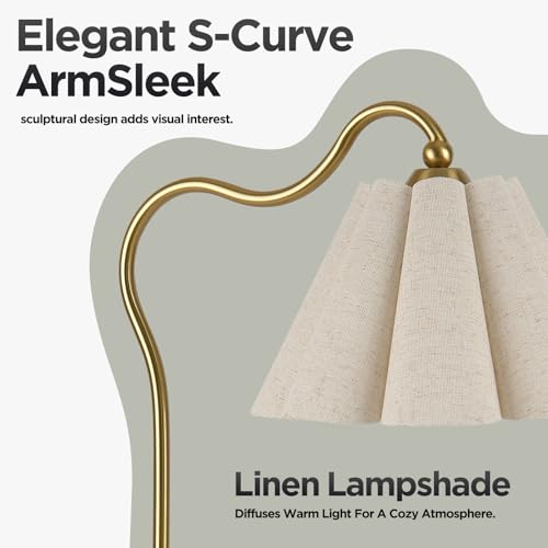 Table Lamp with Beige Pleated Linen Shade, Curved Gold Metal Base, E26 Socket – 23" Tall Modern Bedside Desk Lamp for Bedroom, Living Room, Office – Bulb Not Included - color: Gold