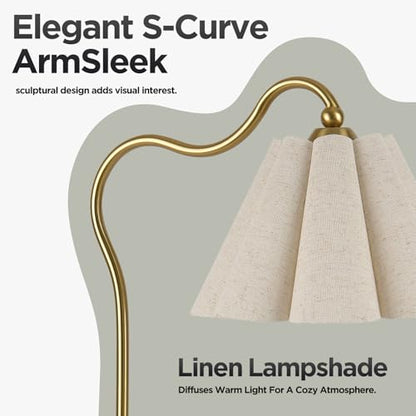 Table Lamp with Beige Pleated Linen Shade, Curved Gold Metal Base, E26 Socket – 23" Tall Modern Bedside Desk Lamp for Bedroom, Living Room, Office – Bulb Not Included - color: Gold