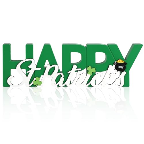COCHIE Wooden Happy St. Patrick's Day Sign, Green Saint Patrick Decorations for Home, Office, Shelf, Mantel, Indoor, Wood Shamrock Decor, Lucky Pot of Gold Table Top Party Decoration (Green) - color: Green
