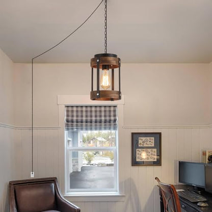 2 Pack Rustic Farmhouse Plug in Pendant Light Fixture with Adjustable Chain, Dimmable Switch, Oak Wood and Metal Drum Cage Mini Hanging Lamp for Kitchen Island Living Room Hallway Farmhouse, Black - size: Small 2-Pack Hanging Lamp