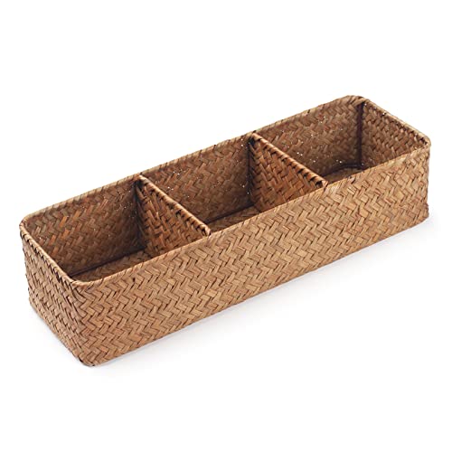 Seagrass Tank Basket for Toilet Paper 3 Sections Woven Storage Basket with Large Compartment Natural (16.5inch x 5.5inch x 3.5inch) - color: Natural, size: 3 sections no lid